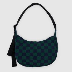 Medium Nylon Crescent Bag Navy Green Check