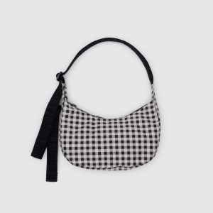 Small Nylon Crescent Bag Black & White Gingham