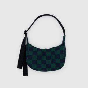 Small Nylon Crescent Bag Navy Green Check