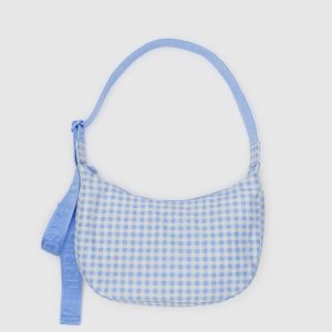 Medium Nylon Crescent Bag Light Blue Gingham